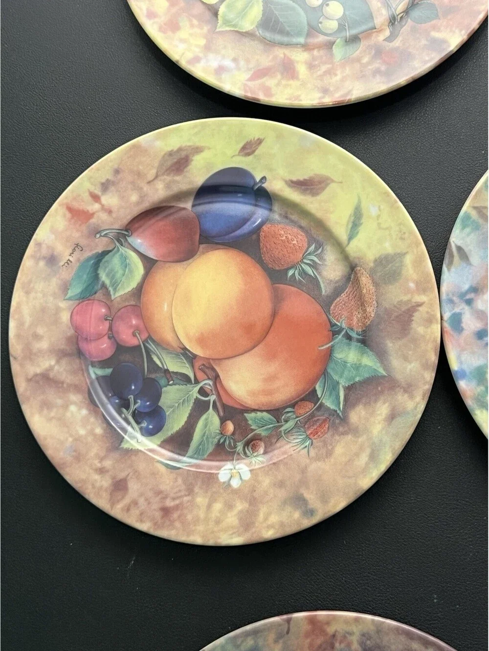 Godinger Email de Limoges 1980s 8 Fruit Salad Plates Hand Painted Marino, 7.5”